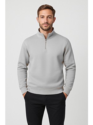 Regular Fit Yarım Fermuarlı Dik Yaka Basic Sweatshirt