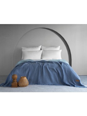 Dantela Camino Müslin 4 Katlı Yatak Örtüsü - Lacivert-Açık Mavi