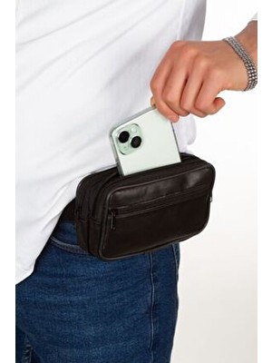  %100 gerçek doğal deri 3 fermuarlı kemer çantası ve bel çantası