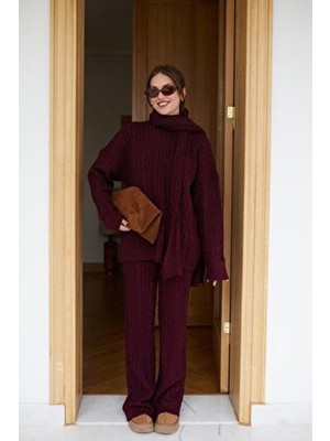 Askı Nişantaşı Aurane Bordo Atkılı Saç Örgülü Triko Pantolon Takım