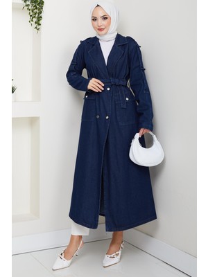 Kadın Cepli Denim Trençkot Lacivert Renk Kuşak Detaylı Standart Kalıp Trenç Yaka