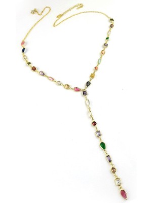 Renkli Doğal Taşlı 925AYAR Gümüş Üzerine Altın Kaplama Doğal Taş Y Kolye