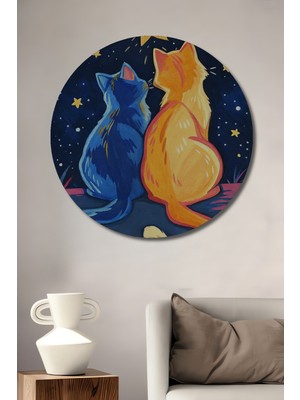 Teona Ahşap Sevimli Kediler Yağlı Boya Görünümlü Ahşap Dekoratif Tablo Yuvarlak Tablo