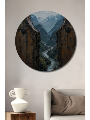 Teona Ahşap Ahşap Dekoratif Tablo Dağların Gızemlı Kapısı Yağlı Boya Görünümlü Sanat Eseri Yuvarlak Tablo
