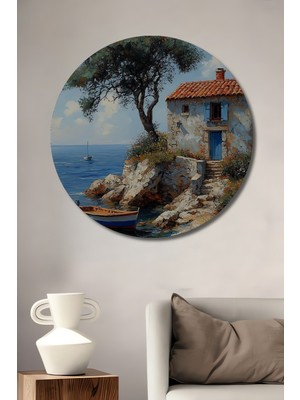 Teona Ahşap Sahildeki Ev Yağlı Boya Görünümlü Ahşap Dekoratif Tablo Yuvarlak Tablo