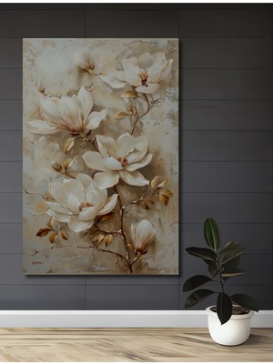 Teona Ahşap Zarif Manolya Çiçekleri Yağlı Boya Görünümlü Ahşap Dekoratif Tablo Dikdörtgen Tablo