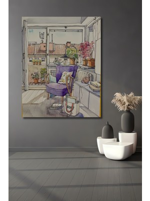 Teona Ahşap Balkon Manzaralı Mor Sandalyeli Sulu Boya Görünümlü Dekoratif Ahşap Tablo Dikdörtgen Tablo