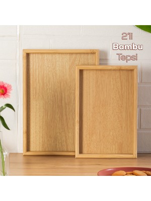 Porsima PBT-362 Ahşap Tepsi Seti 2'li Modern Bambu Sunumu 35 x 25 cm Doğal Malzeme ile Şık Tasarım