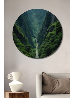 Teona Ahşap Muhteşem Vadi Yolu Yağlı Boya Görünümlü Ahşap Dekoratif Tablo Yuvarlak Tablo