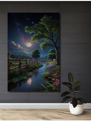 Teona Ahşap Ay Işığı Yağlı Boya Görünümlü Ahşap Dekoratif Tablo Dikdörtgen Tablo