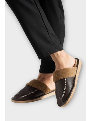 Liger Deri Görünümlü Kürklü Erkek Ev Terliği Kahverengi