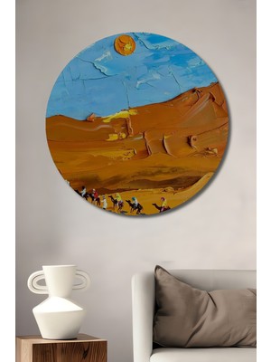 Teona Ahşap Çöl Manzarası Yağlı Boya Görünümlü Ahşap Dekoratif Tablo Modern Sanat Eseri Yuvarlak Tablo