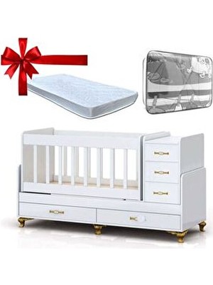 5 Çekmeceli Gold Büyüyebilen Sallanır Bebek Beşiği Yatak Gri Uyku Seti Hediyeli Suntalam Malzemeden