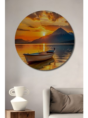 Teona Ahşap Günbatımında Ahşap Kayık Yağlı Boya Görünümlü Dekoratif Ahşap Tablo Yuvarlak Tablo