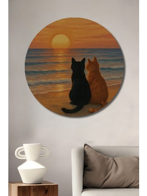 Teona Ahşap Iki Kedi Gün Batımı Deniz Kenarı Yağlı Boya Görünümlü Ahşap Dekoratif Tablo Yuvarlak Tablo