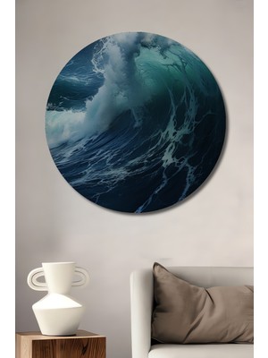 Teona Ahşap Büyük Okyanus Dalgaları Yağlı Boya Görünümlü Ahşap Dekoratif Tablo Yuvarlak Tablo