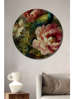 Teona Ahşap Görkemli Tavus Kuşu ve Şakayıklar Yağlı Boya Görünümlü Dekoratif Ahşap Tablo Yuvarlak Tablo