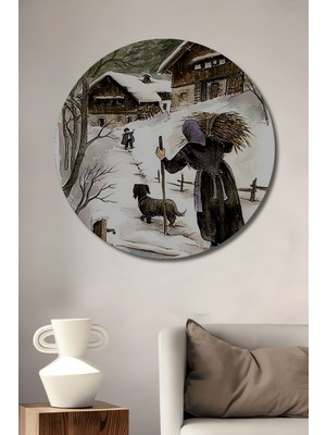 Teona Ahşap Kar Taneli Dağ Köyü Suluboya Görünümlü Ahşap Dekoratif Tablo Yuvarlak Tablo