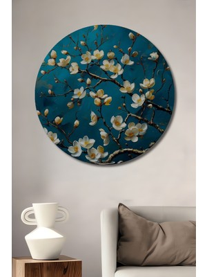 Teona Ahşap Baharda Açan Çiçekler Yağlı Boya Görünümlü Ahşap Dekoratif Tablo Yuvarlak Tablo