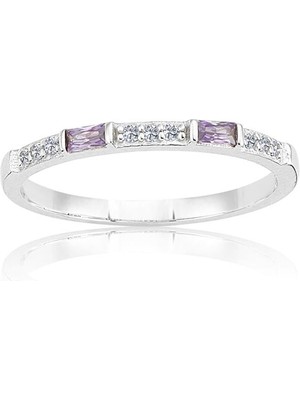 Fasek Gold Baget Gümüş Yüzük - 925 Ayar Gümüş Baget Sıralı 0.25 Karat Ametist Taşlı Kadın Yüzük - Sevgiliye