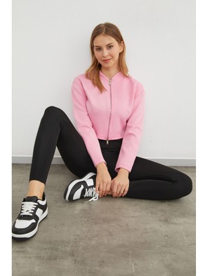 FullaModa  Fermuarlı Hakim Yaka Crop Spor Ceket