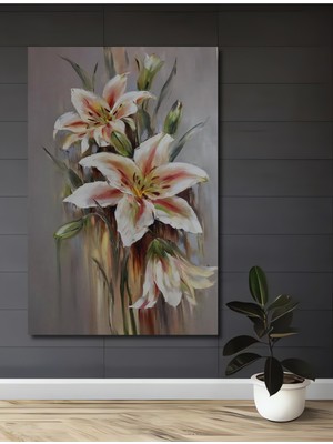 Teona Ahşap Zarif Zambaklar Yağlı Boya Görünümlü Ahşap Dekoratif Tablo Dikdörtgen Tablo