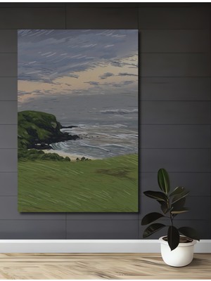 Teona Ahşap Sulu Boya Görünümlü Yeşilin Kucağındaki Deniz Kenarı Manzarası Ahşap Tablo Dikdörtgen Tablo