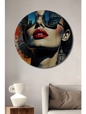 Teona Ahşap New York Şehrinin Işıklarında Parlayan Kadın Yağlı Boya Görünümlü Ahşap Tablo Yuvarlak Tablo