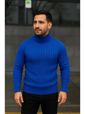 Moderie Butik Erkek Balıkcı Yaka Bağazlı Triko Kazak Pamuklu Kalın Fitilli Dokuma, Regular Fit Uzun Kollu Kışlık Model - Saks Mavisi