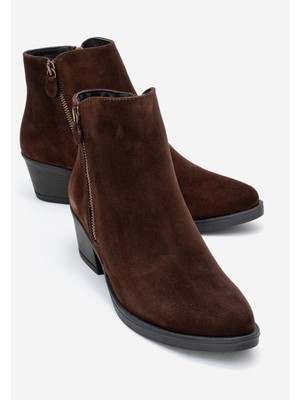 Luvi Jayer Kahverengi Süet Hakiki Deri Fermuarlı Kadın Topuklu Bot