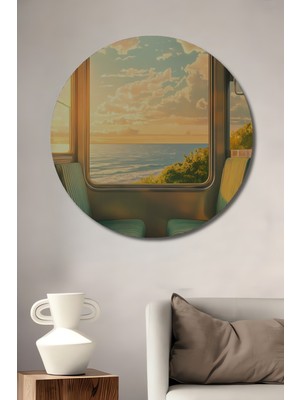 Teona Ahşap Güneşin Denizle Buluştuğu Tren Penceresi Sulu Boya Görünümlü Ahşap Dekoratif Tablo Yuvarlak Tablo