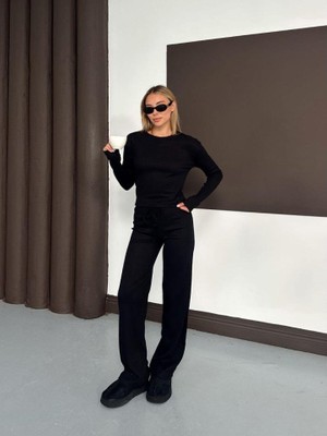 Ahes Shopping Kadın Bisiklet Yaka Parmak Geçme Detay Uzun Kollu Bluz ve Pantolon Ikili Takım