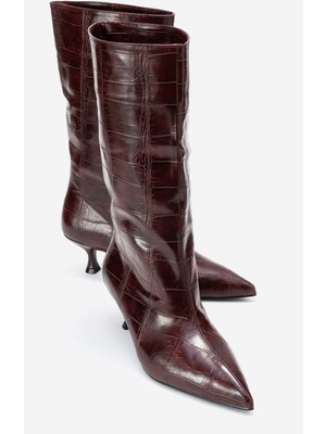 Luvi Crow Bordo Baskı Sivri Burunlu Kadın Topuklu Kısa Çizme