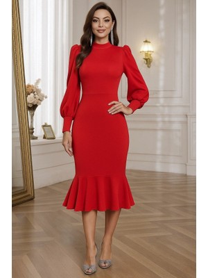 Moderie Butik Kadın Uzun Kollu Yarı Balıkçı Yaka Etek Ucu Fırfır Detaylı Midi Ithal Krep Elbise