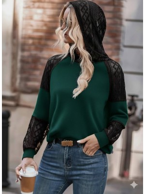 Arben Boutique Kadın Uzun Kollu Dantelli Kapşonlu Viskon Iki Iplik Bluz