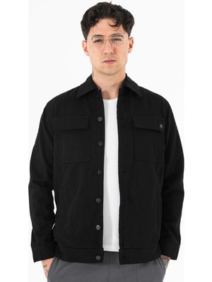 Souris Erkek Siyah Kot Ceket Relax Fit Kapaklı Çift Cepli Gömlek Yaka