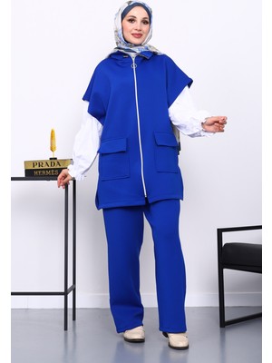 İmaj Butik Saks Mavi Fermuarlı Yelek Pantolonlu Scuba Takım