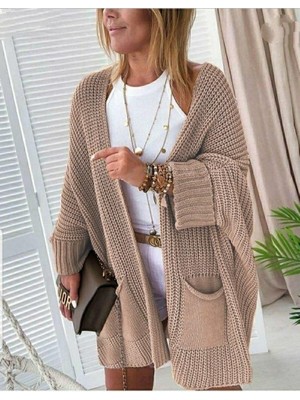 Gökyüzü Moda 4oversize Kalıp Cepli Salaş Triko Hırka Bej