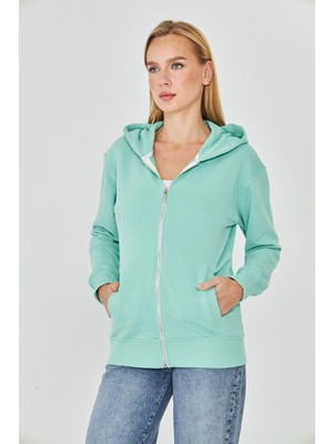 Trendhill Kadın Tam Fermuarlı Kapüşonlu Pamuklu Eşofman Üstü Mint 9508-M