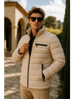 Comstar Erkek Comfort Dik Yaka Günlük Kışlık Krem Şişme Mont