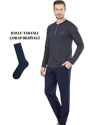 Pierre Cardin Erkek Penye Lacivert Pijama Takımı Çorap Hediyeli