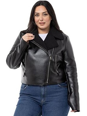 Disentis Modest Kadın Büyük Beden Siyah Suni Deri Kruvaze Fermuar Detaylı Cepli Mont