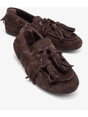 Luvi Fenora Kahverengi Süet Saçaklı Püsküllü Kadın Loafer Ayakkabı
