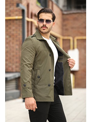 Mero Life Erkek Haki Mevsimlik Astarlı Kemerli Kruvaze Trençkot