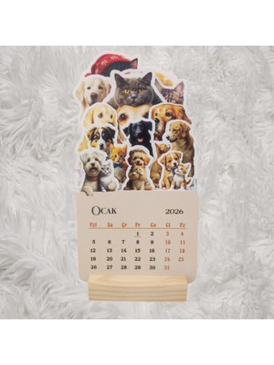 Yunus Copy 2026 Kedi Köpek Dostluğu Takvimi Ahşap Ayaklı Kedi Köpek Dostluğu Temalı Özel Tasarım Takvim