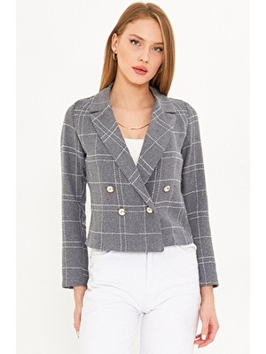 Armonika Kadın Gri Melanj Kruvaze Yaka Tüvit Crop Ceket ARM-24K001014