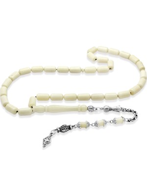 Tesbihane Kararmaz Metal Kral Zincir Püsküllü Uçlu Kapsül Kesim Naturel Renk Deve Kemiği Tesbih