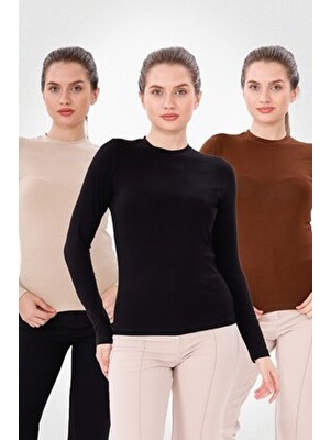 Yade Fashion Kadın Uzun Kollu Body Seti Düz Kumaş Bisiklet Yaka 3'lü Kahverengi Ekru Siyah