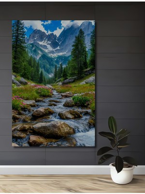 Teona Ahşap Eşsiz Alp Manzarası Sulu Boya Görünümlü Dekoratif Ahşap Tablo Dikdörtgen Tablo