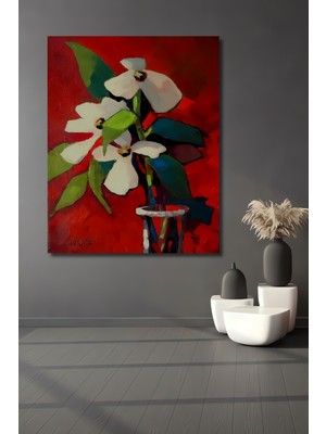 Teona Ahşap Kırmızı Zemin Üzerine Yağlı Boya Görünümlü Çiçekler Dekoratif Ahşap Tablo Dikdörtgen Tablo